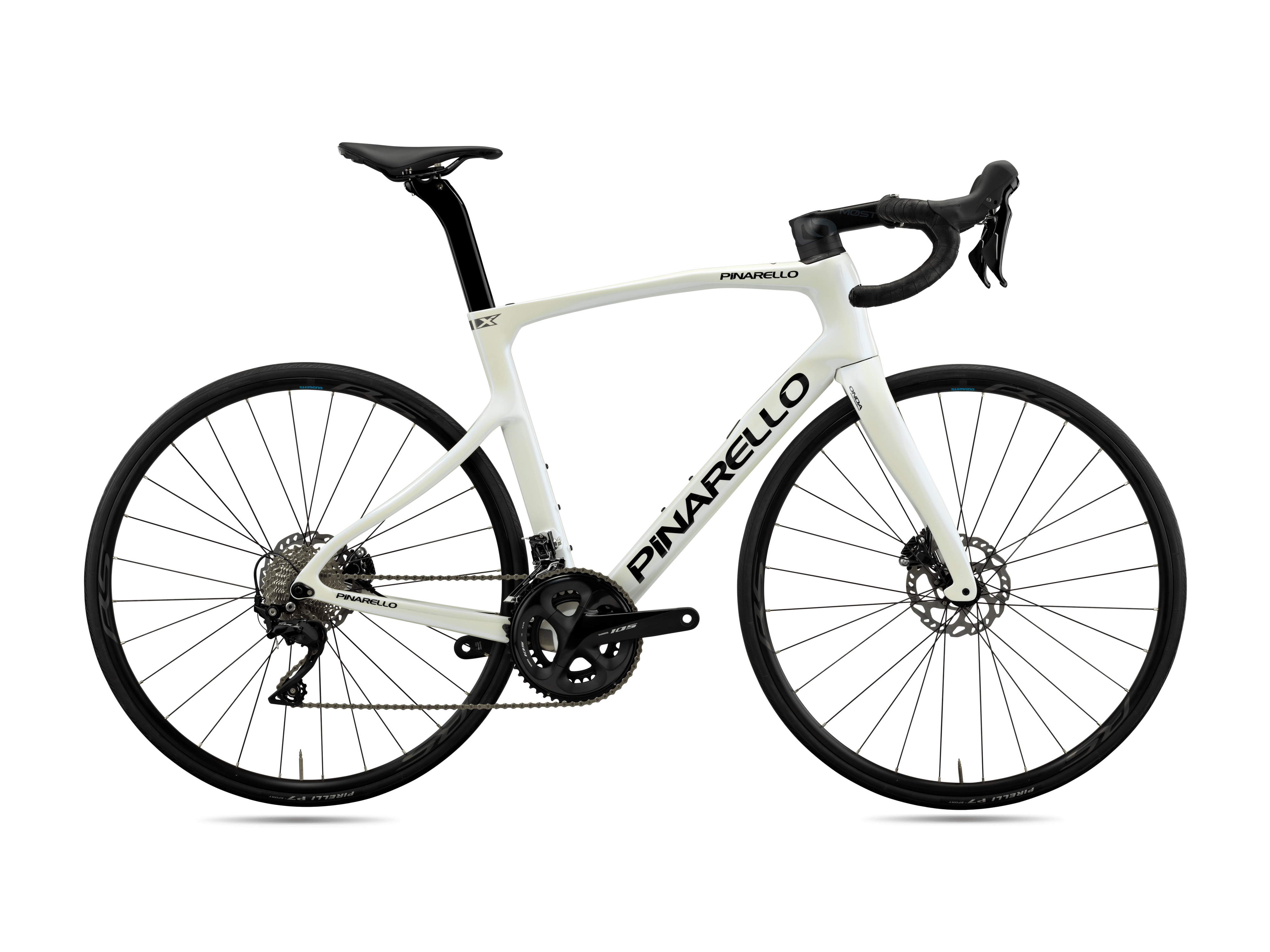 White Pinarello X1 carbon endurance road bike with Shimano 105 groupset and hydraulic disc brakes.