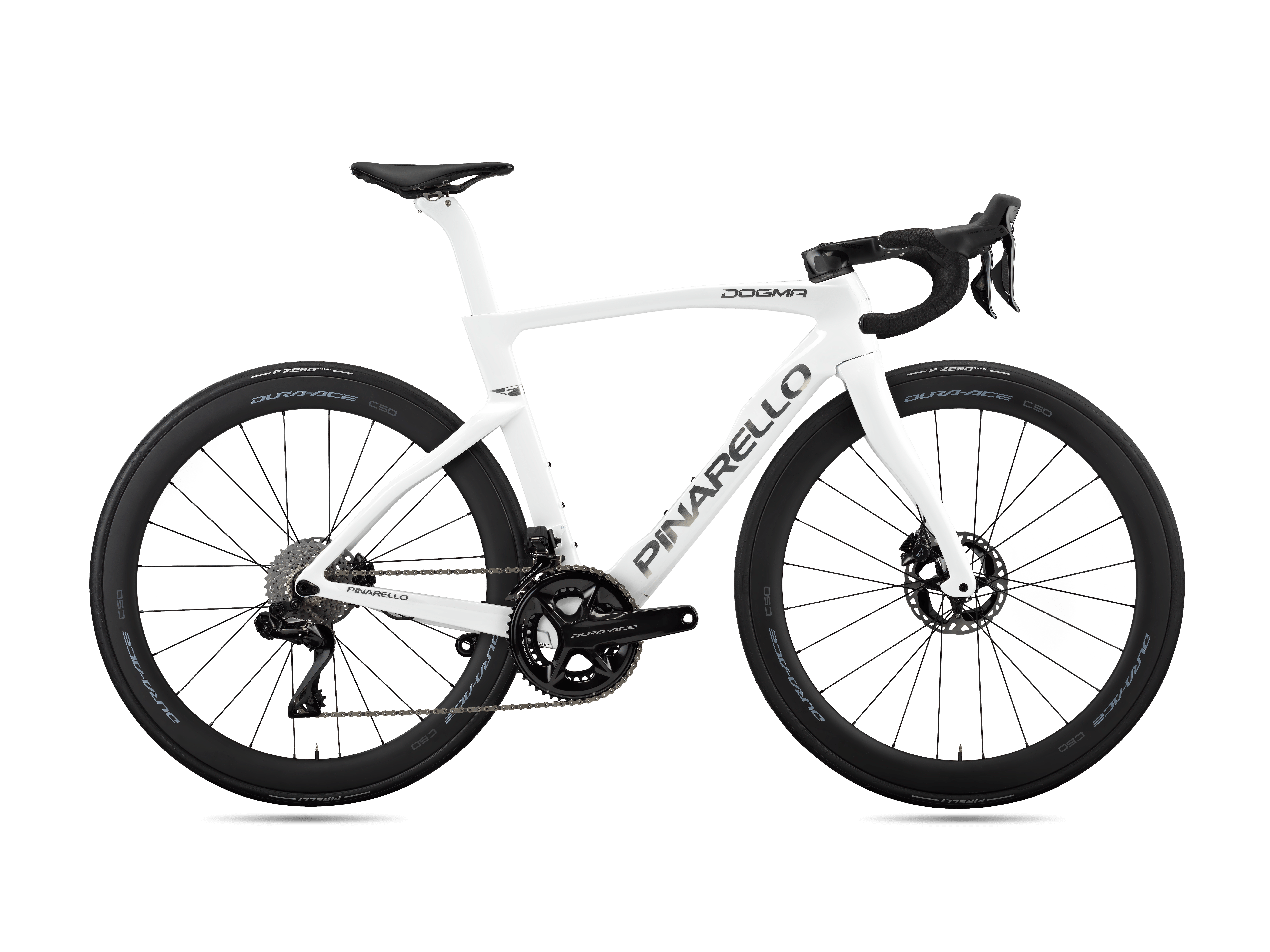 White Pinarello Dogma F with Shimano Dura-Ace Di2 groupset and Dura-Ace 50mm carbon wheels.